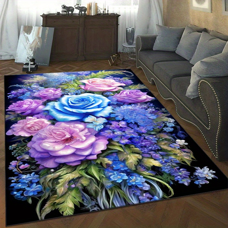 Home Textiles And Furnishing - Dywan w kwiaty z niebiesko-fioletowymi różami,